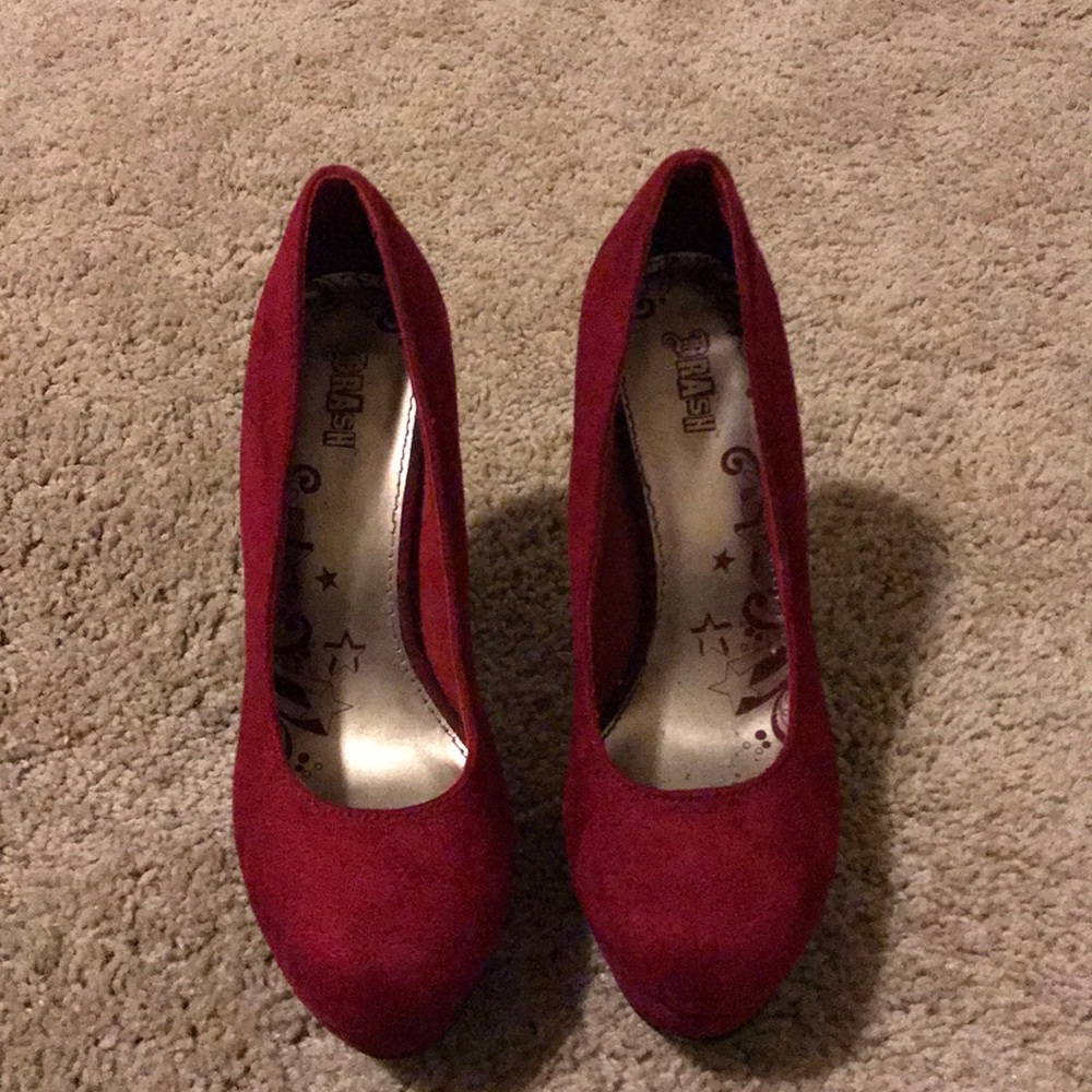 Red faux suede heels